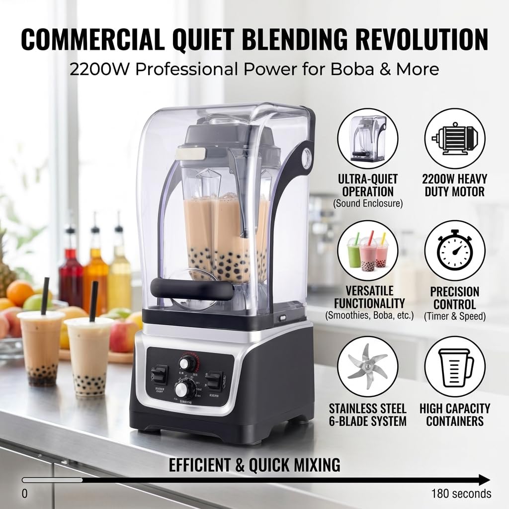 Blender komercyjny 2200 W, obudowa dźwiękowa 5 mm, pojemnik 2,5 l/4,5 l, mikser do koktajli mlecznych, koktajli do użytku domowego i biznesowego
