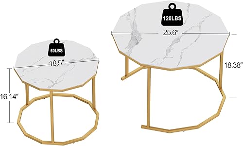 Miniatura 2 de Dolonm Moderno juego de 2 mesas auxiliares anidadas de mármol sintético para sala de estar mesa auxiliar pequeña con marco de metal para dormitorio