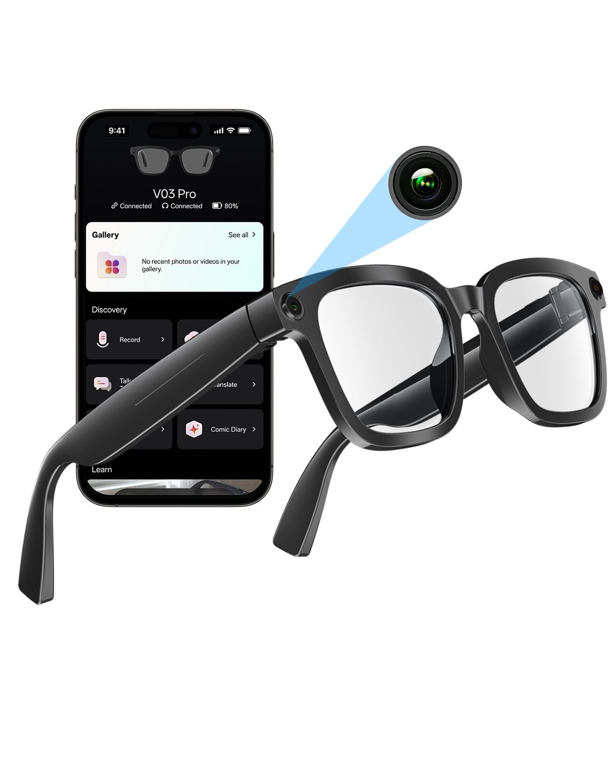 Gafas Inteligentes con Cámara y Bluetooth, 8 Mpx, HD 1200p | con Funciones de Grabación de Fotos, Vídeo y Audio, Traducción en Tiempo Real, Asistente de Voz y Reconocimiento de Objetos