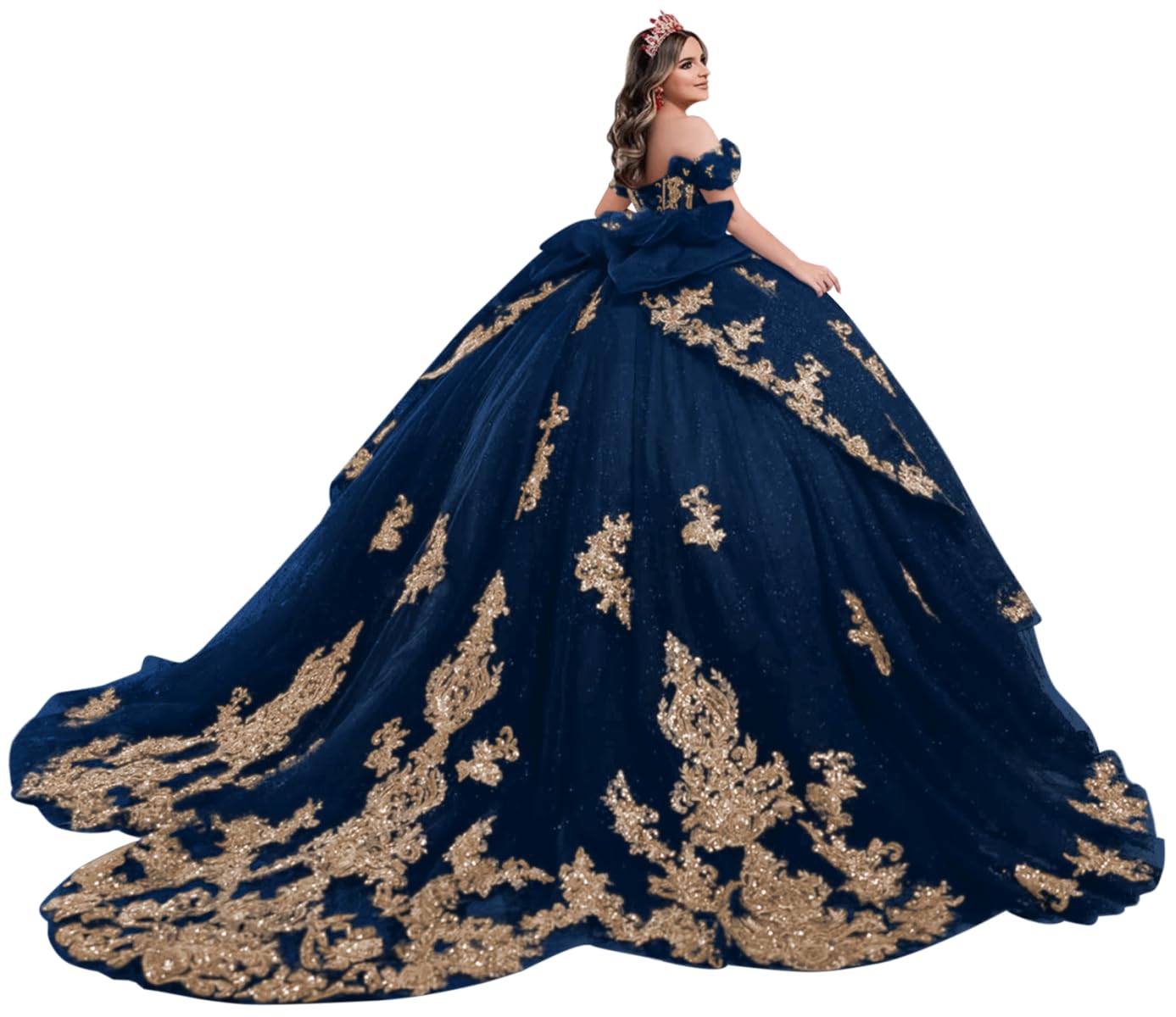 Mouccy Luxury Gold Applique Quinceanera Dresses with Bow Bead Tulle Sweet 16 Dress Off Shoulder Prom Dresses Long