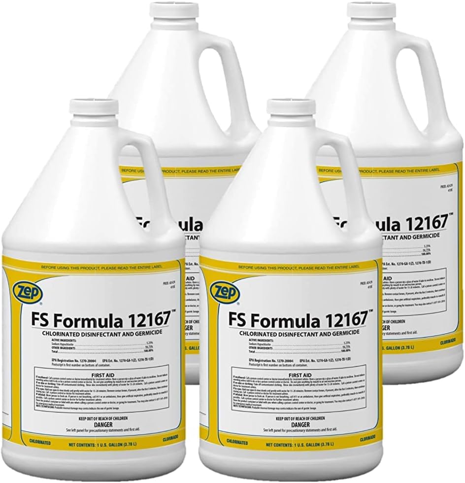 Zep FS Formula 12167 Chlorinated Disinfectant and Germicide - 1 Gallon (Case of 4) 242924 - For Sanitization of Porous and Non-Porous Food Contact Surfaces, Disinfection of Surfaces Non-Food Contact