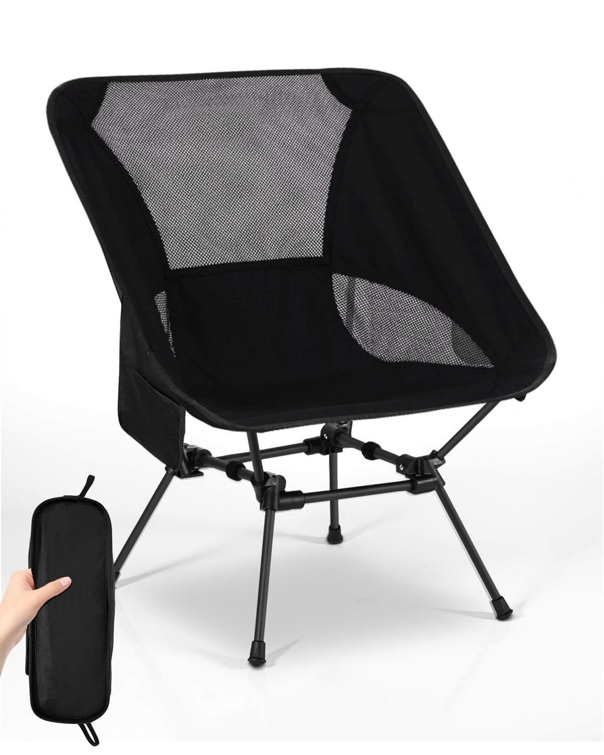 Folding Camping Chair, Ultra Lightweight Aluminum Compact Portable Chair, 150kg Load Capacity, Backrest, 3-Sided Breathable Mesh, Side Pocket, Strong & Sturdy, Quick Setup, Gift for Dad - Black