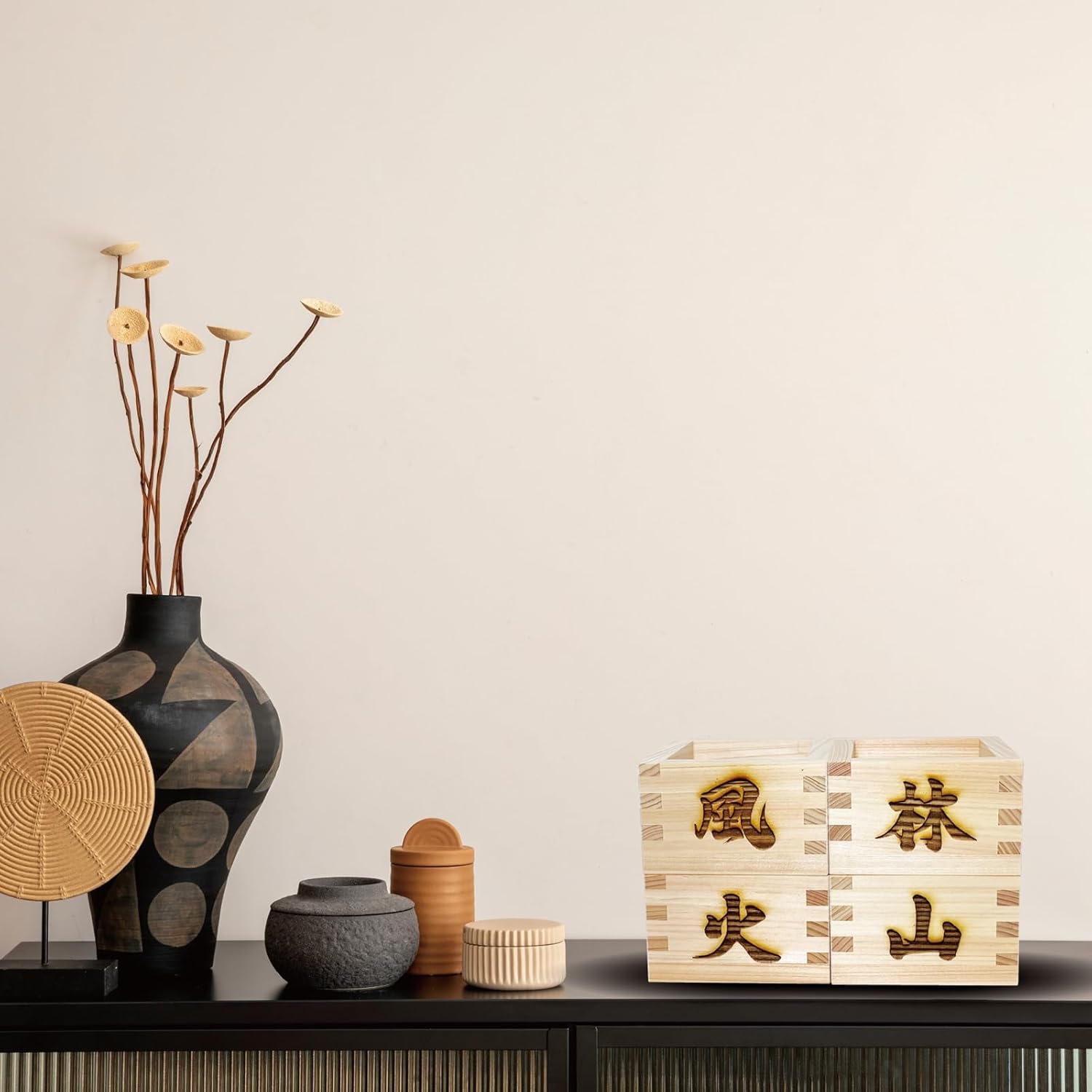 TOKYO ART Japanese Wooden Sake Masu Cups (Set of 4) with Japanese Lucky Artwork, Square Sake Boxes - Crafted from Japanese high-grade cypress wood, Made in Japan (Fu Rin Ka Zan)