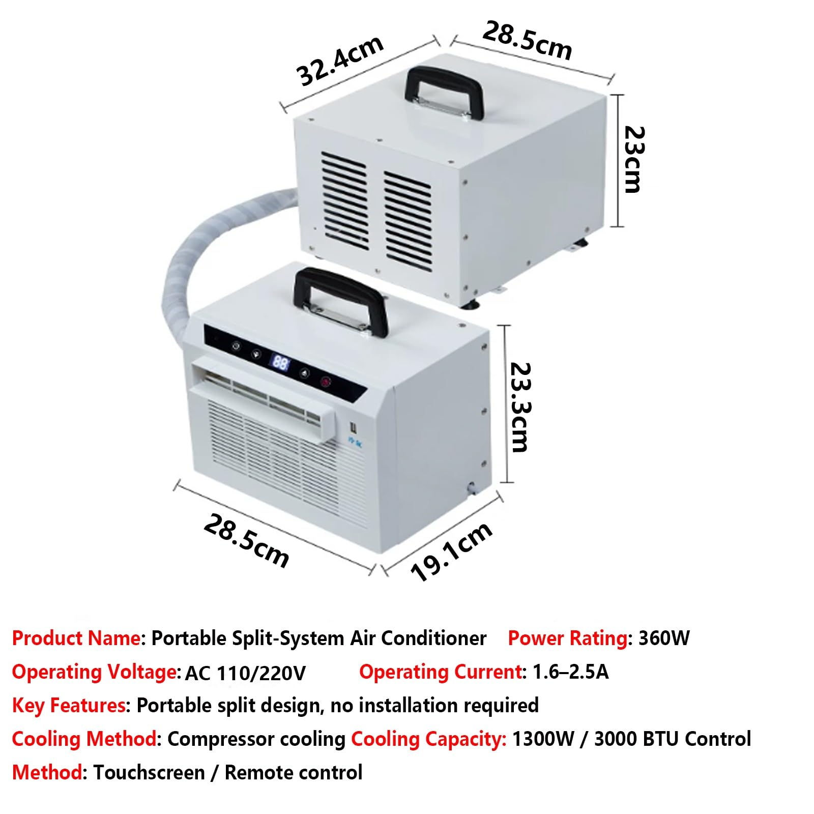 Aire Acondicionado Portátil 3000BTU Con Asa Superior Temporizador De 1-12 H Climatizador Portátil Con Panel Táctil Y Control Remoto Diseño 110/220V Enfriador De Aire