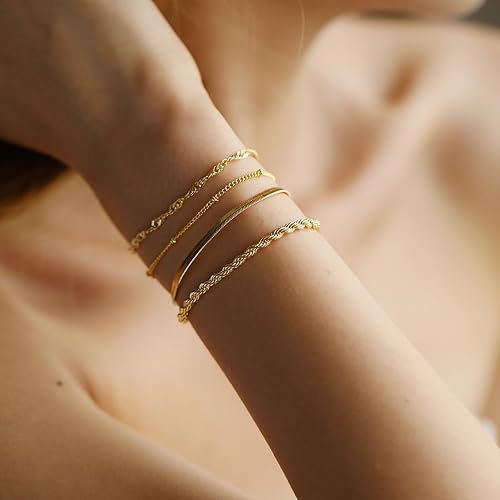 Miniatura 4 de Gold Bracelets for Women, 14K Gold Layered Bracelets Set Dainty Herringbone Chain Paperclip Link Bracelets Gold Cuban Bracelets for Women