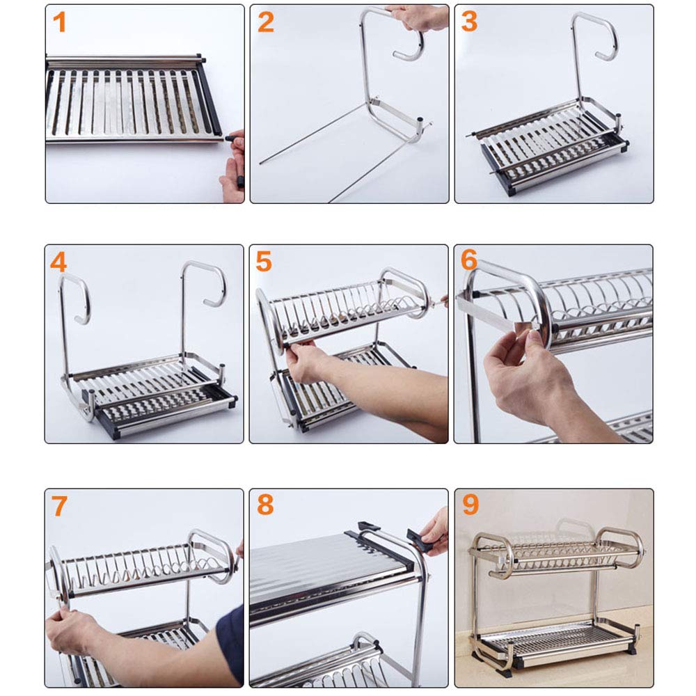 Escurridor de platos grande de 2 niveles para encimera de cocina, estante organizador de acero inoxidable con soporte para utensilios