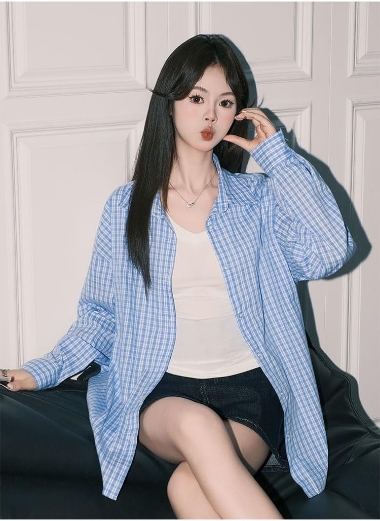 Women's Blue08 Plaid Shirt Summer Long Sleeve Layering Shirts for Women