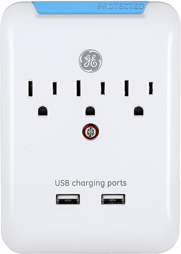 GE Extensor Pro de 3 salidas con 2 puertos USB, protector SurGE para estación de carga, enchufe de pared para estación de carga, indicador LED