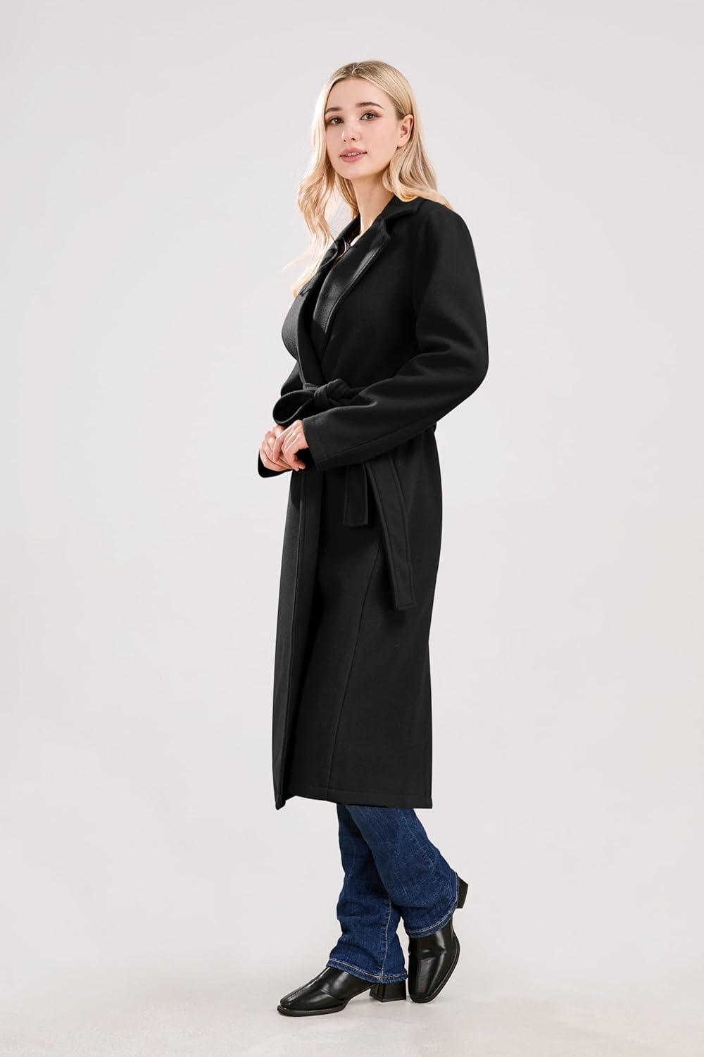 utcoco Womens Long Wool Pea Coats Notched Collar Open Front Woolen Blend Trench Coat with Belt - Image 3