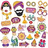 30 Pcs Funny Diwali Photo Booth Props, Deepavali Props for Festival of Lights Party Favor Game, Hindu Photobooth Accessories Supplies Decoration, Hat Glasses Tie Mustache