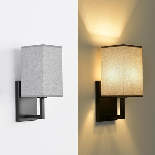 Miniatura 6 de Deamakk Moderno juego de 2 apliques de pared, lámpara de pared industrial con pantalla cuadrada de tela blanca, lámpara de pared estilo vintage E26