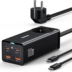 Baseus USB C-Laddare 100W, USB C-Strömförsörjning PD Multipelladdare med 1 AC-uttag + 4 portar, USB C-Laddningsstation för MacBook Pro/Air, iPad Pro, iPhone 12, Galaxy S22, Steam Deck