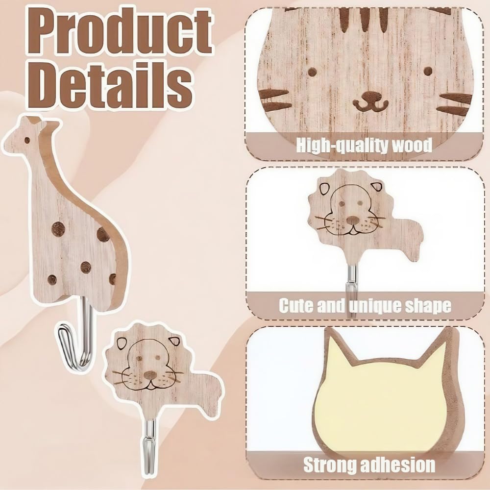Ganci Adesivi Cucina Legno per Bambini Design Animali Carini Appendini da Muro Set 8 Pezzi