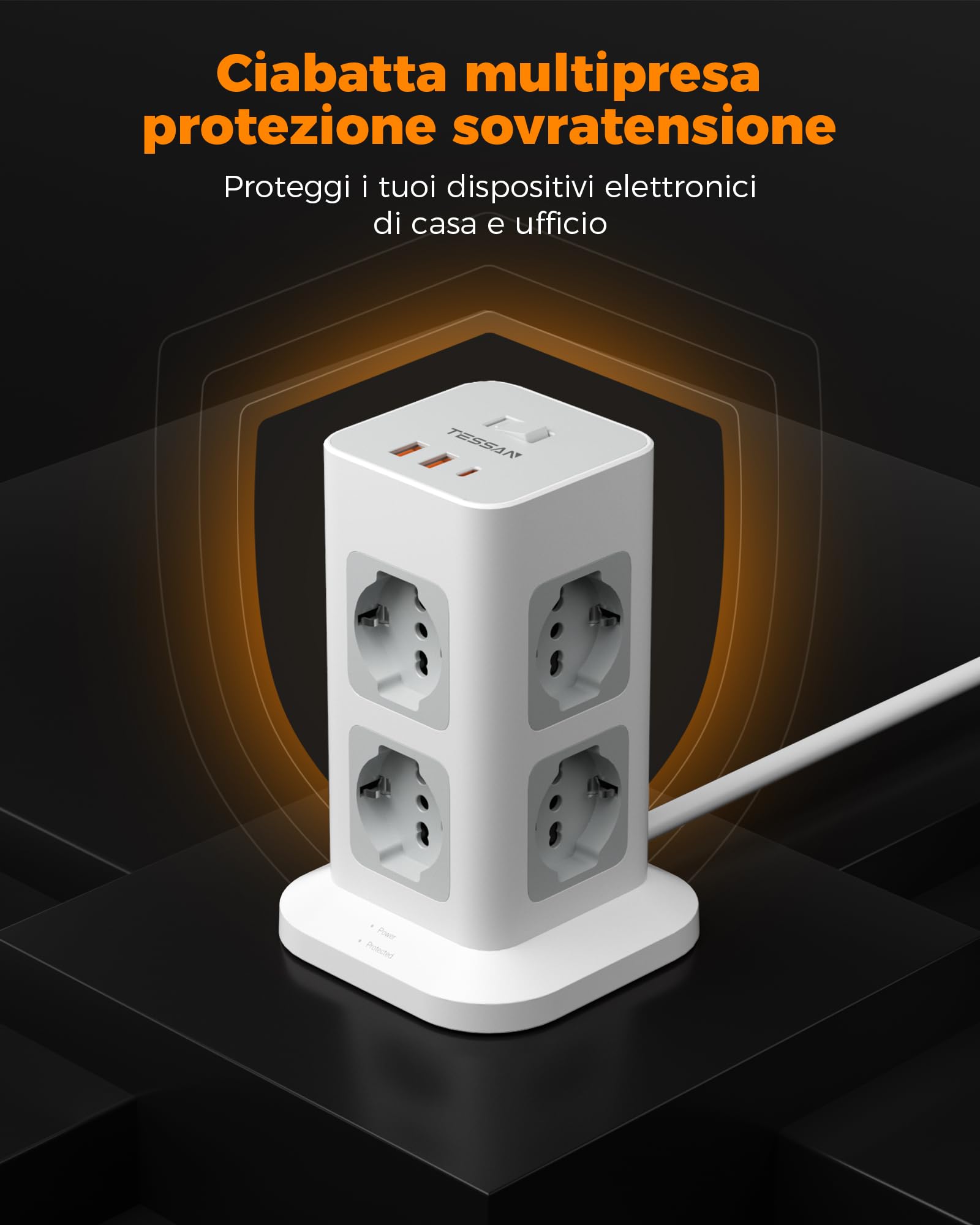 TESSAN Ciabatta Multipresa con USB 20W, Ciabatta Elettrica con 8 Prese IT 16A, Torretta Multipresa Protezione Sovratensione con Interruttore e Prolunga Elettrica 2 Metri, 3680W Presa, Girgio