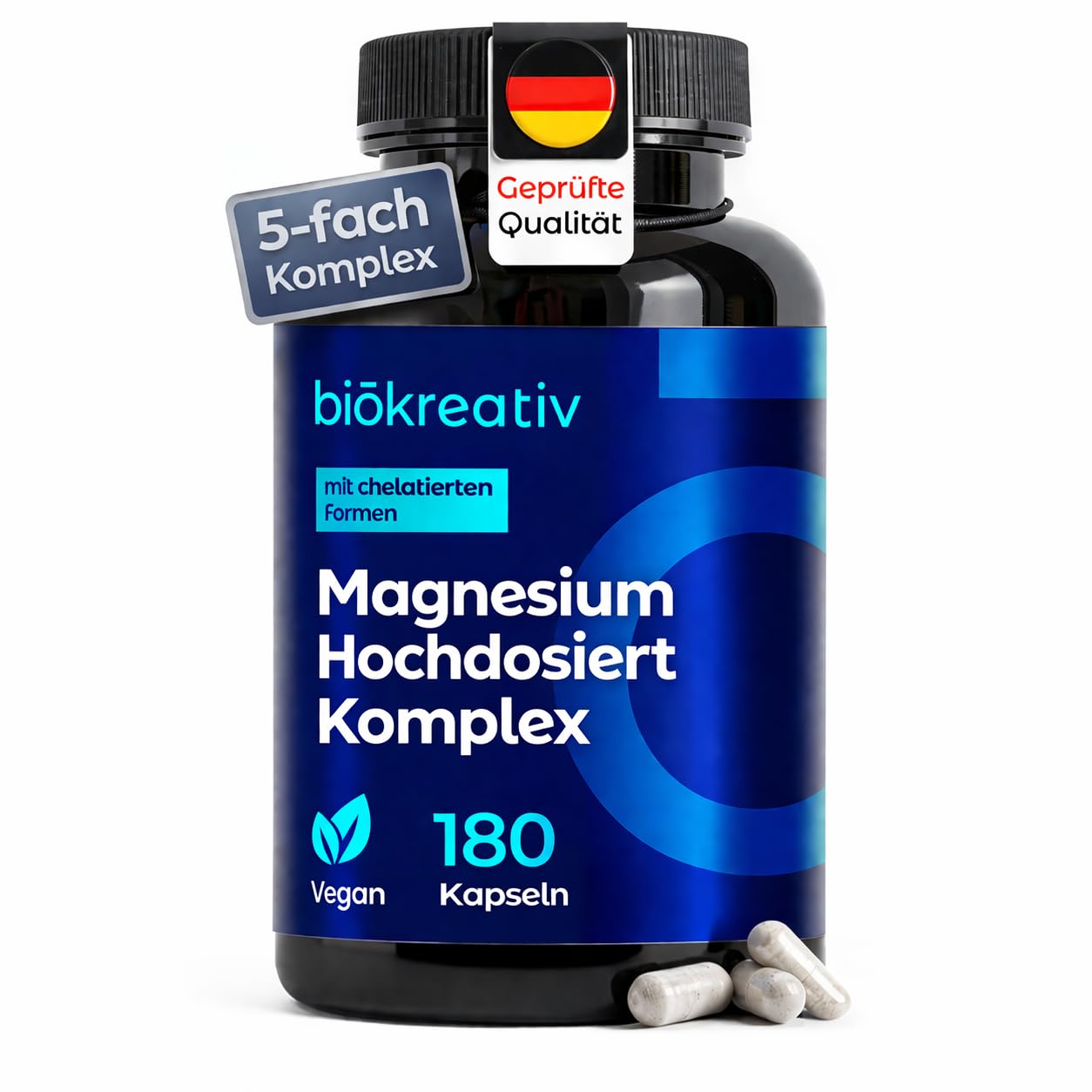 Biōkreativ Magnesium Komplex Hochdosiert - 400 mg pro Tag - 180 Magnesium Kapseln mit 5 Formen - Bisglycinat, Oxid, Citrat, Malat, L-ascorbat für Vitamin C - Laborgeprüft - Vegan - 3‑Monats‑Vorrat