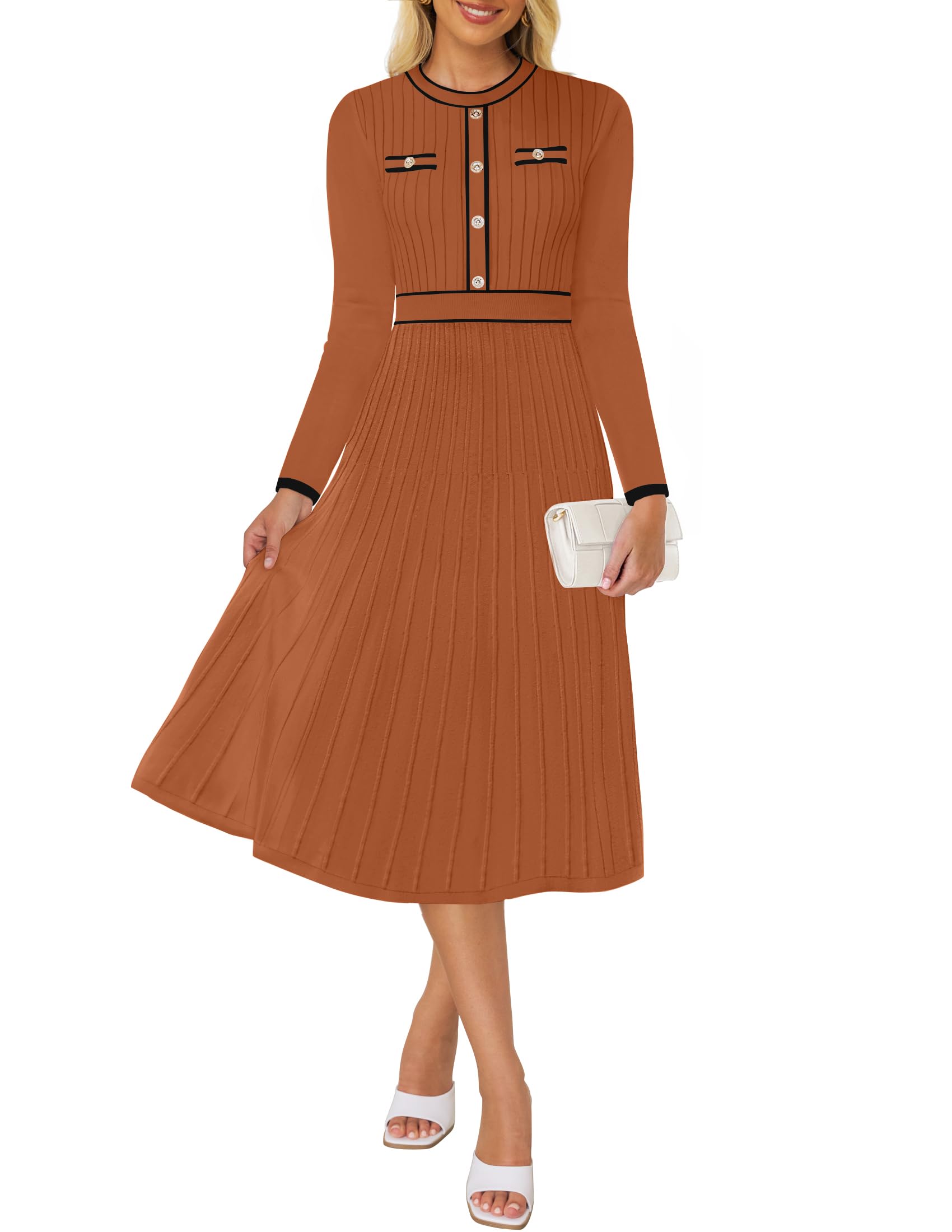 ZESICA Women's Spring Pleated Sweater Dress Long Sleeve Crewneck Ribbed Knitted Midi Dresses