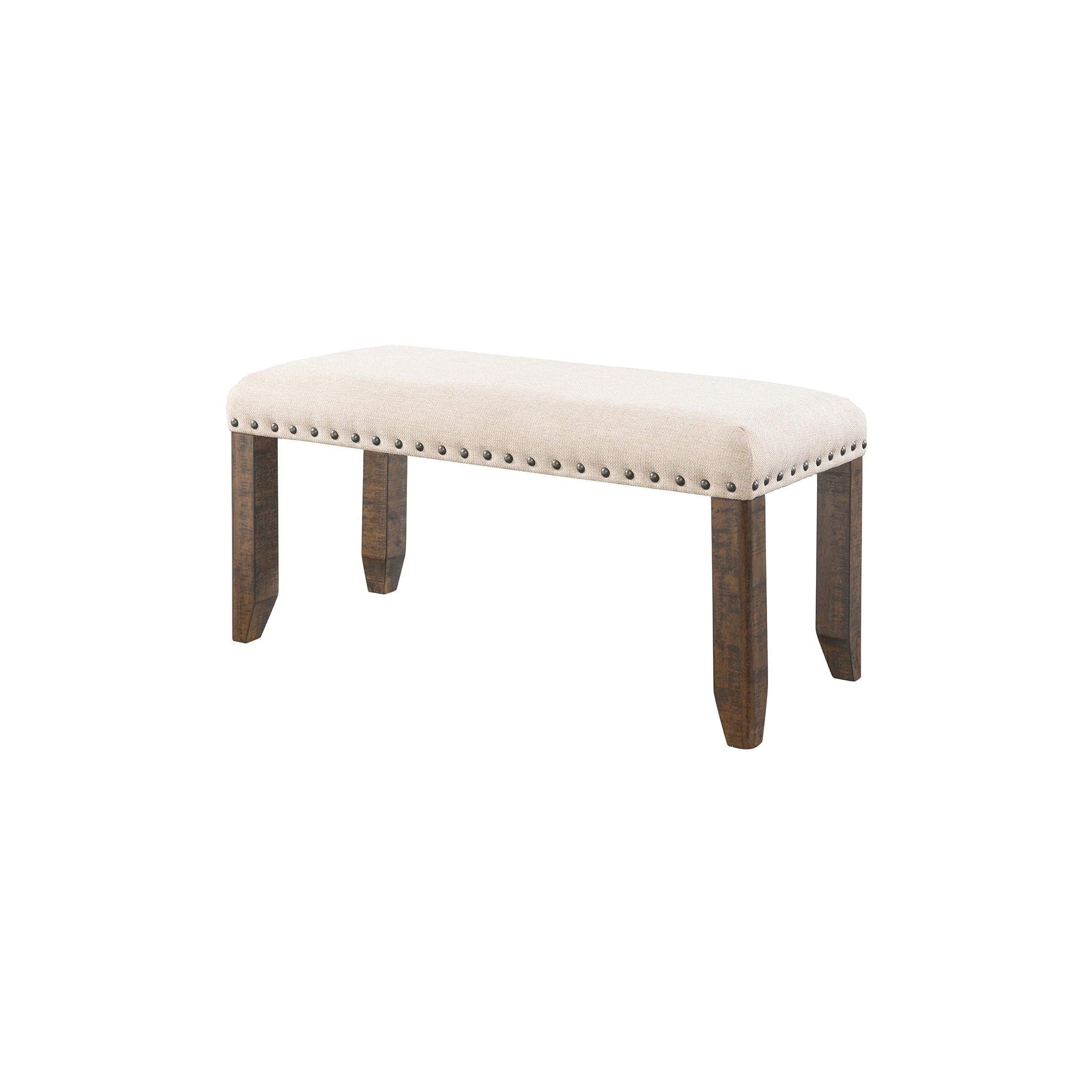 BOWERY HILL Kitchen Bench, 40 in Wide, Rubber Wood and Acacia Veneer, Smokey Walnut Finish, Cream Upholstery, Nail Head Trim, Distressed Rustic Style, Comfortable Seating for Dining Room
