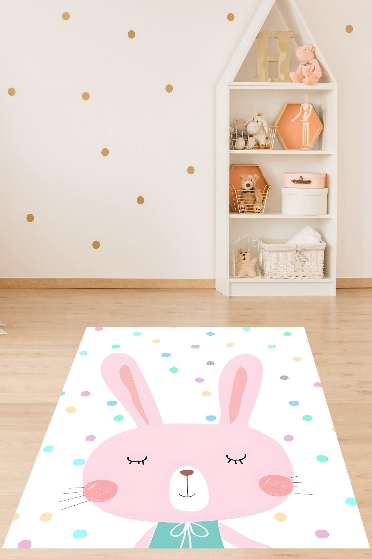 Pelangi Renkli Benekli Puantiyeli Uyuyan Tavşan Yıkanabilir Kaymaz Taban Leke Tutmaz Çocuk Odası Halısık, Beyaz-Pembe-Mavi 100 x 250