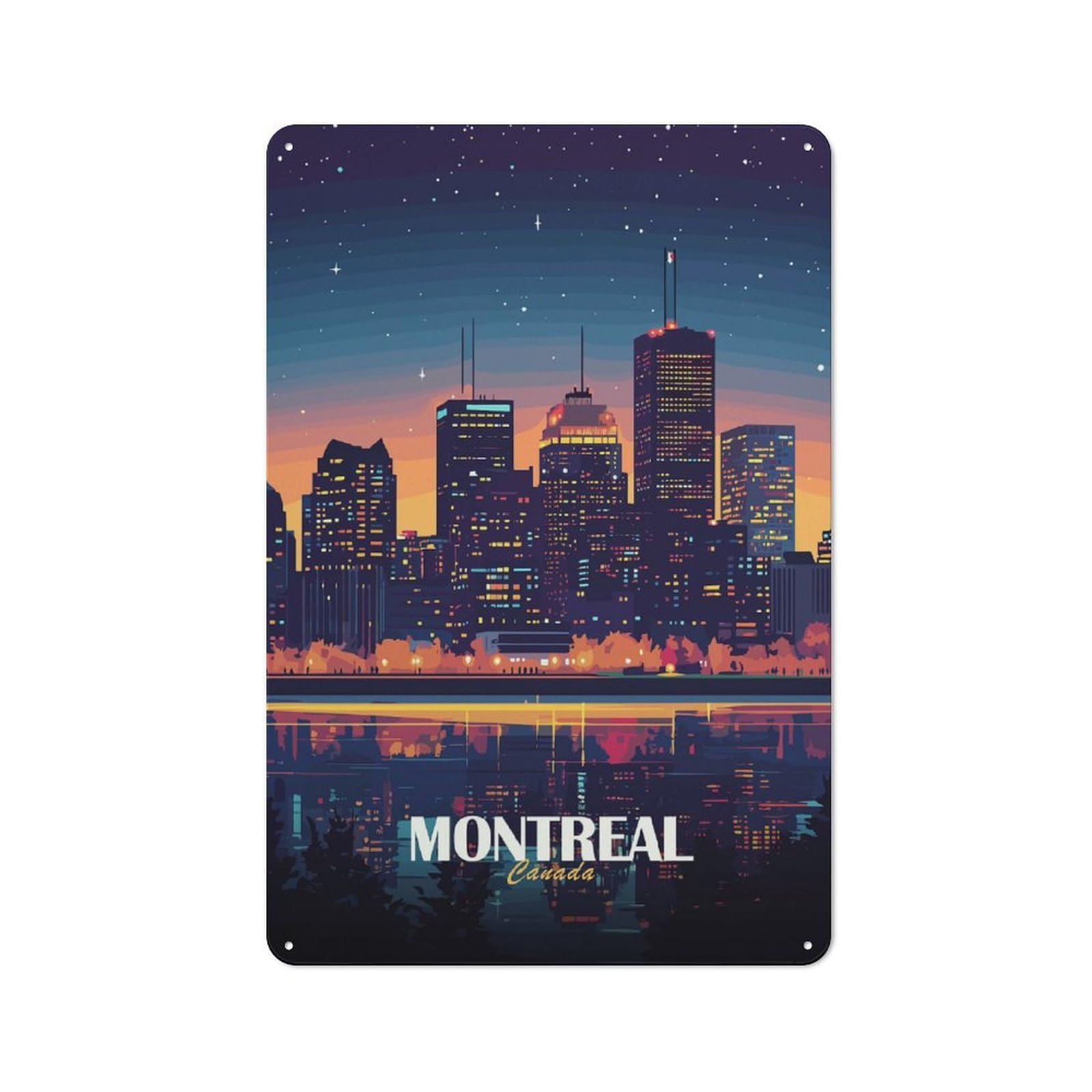 Junmoney Style-12 For Café Or Home Bar, Montreal Canada Skyline At Night Retro Metal Plaque 30X20cm, A Winter Wall Decor Update For Café-Style Decor Fans