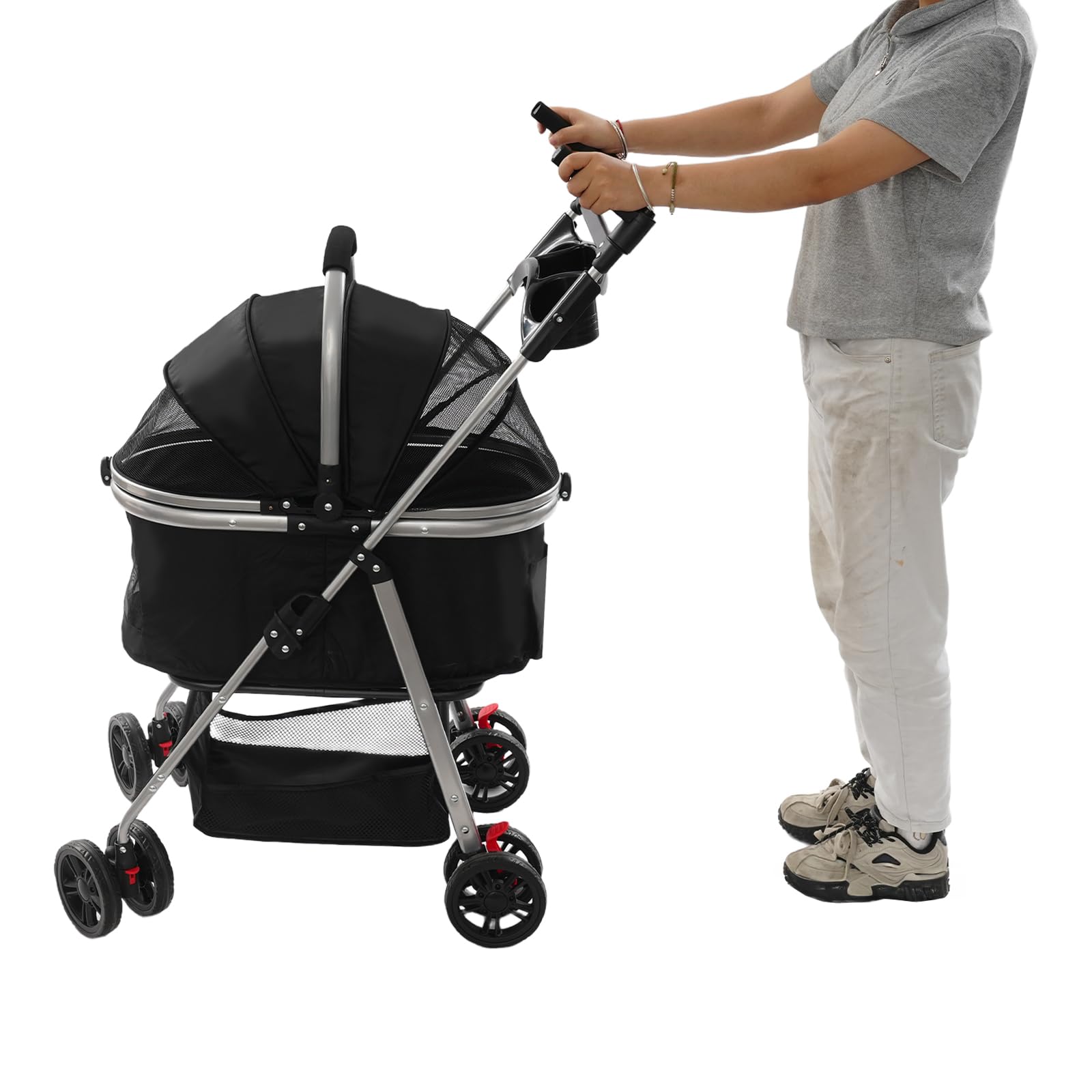 Passeggino per animali domestici, pieghevole, leggero, con 4 ruote e rete di ventilazione, 12 kg, multifunzione, portatile, per gite, parco, viaggi (nero)