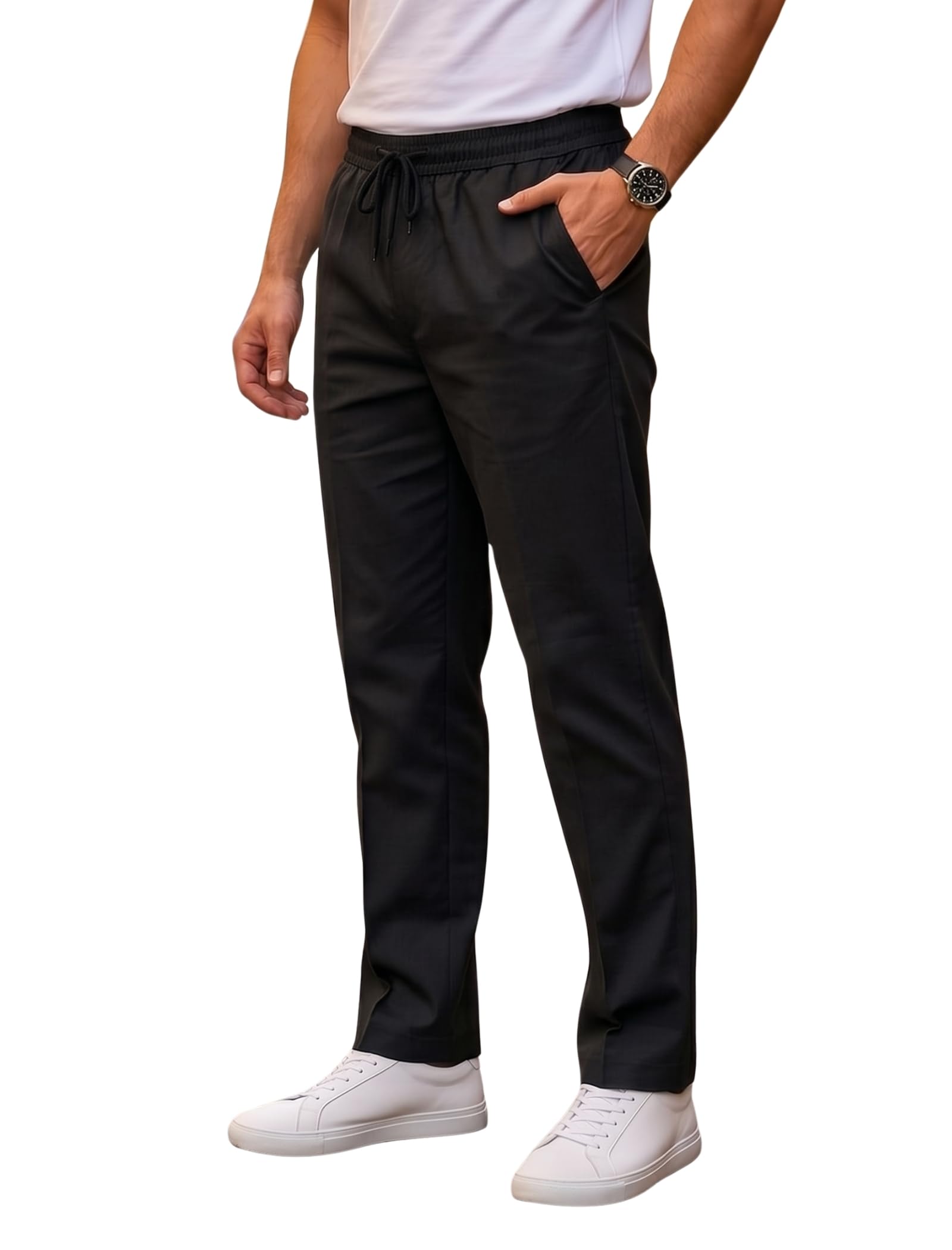 Men’s Cotton Blend Narrow Fit Tapered Trousers | Lightweight Stretchable Casual Pants with Mid-Rise Comfort Fit | Solid Color Office & Everyday Wear All-Season Stylish Trousers-image-41