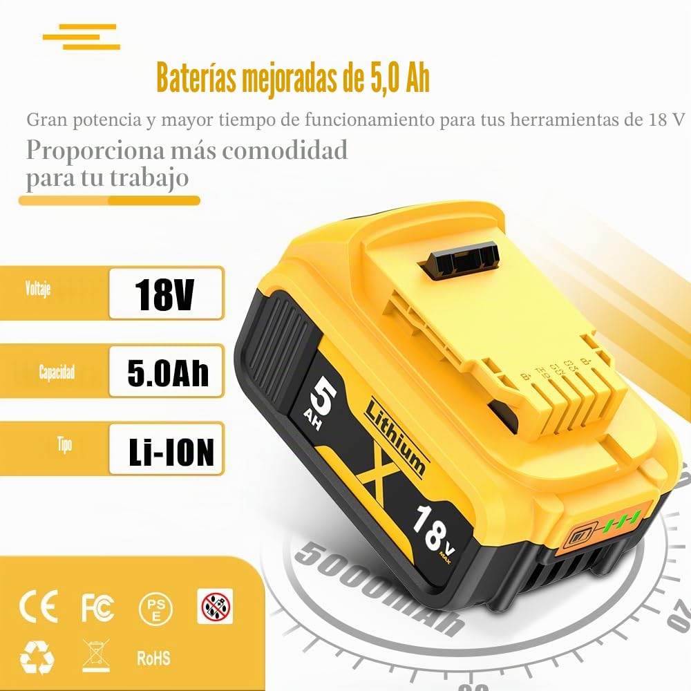 Batería de repuesto para Dewalt DCB182 (2 unidades, 5000 mAh, 18 V, 5 Ah, repuesto para baterías Dewalt DCB200, DCB184, DCB101, DCB107, DCB112, DCB105, DCB115, DCB203, con batería de herramientas LED)