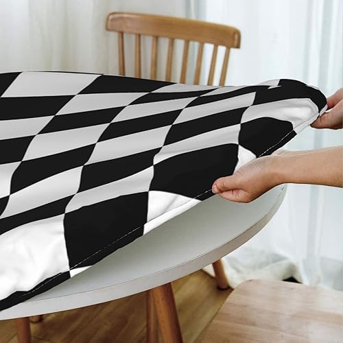 Miniatura 5 de Fiokroo Mantel con estampado a cuadros blancos y negros con borde elástico, mantel redondo de ajedrez, lavable, reutilizable, para cocina, comedor,