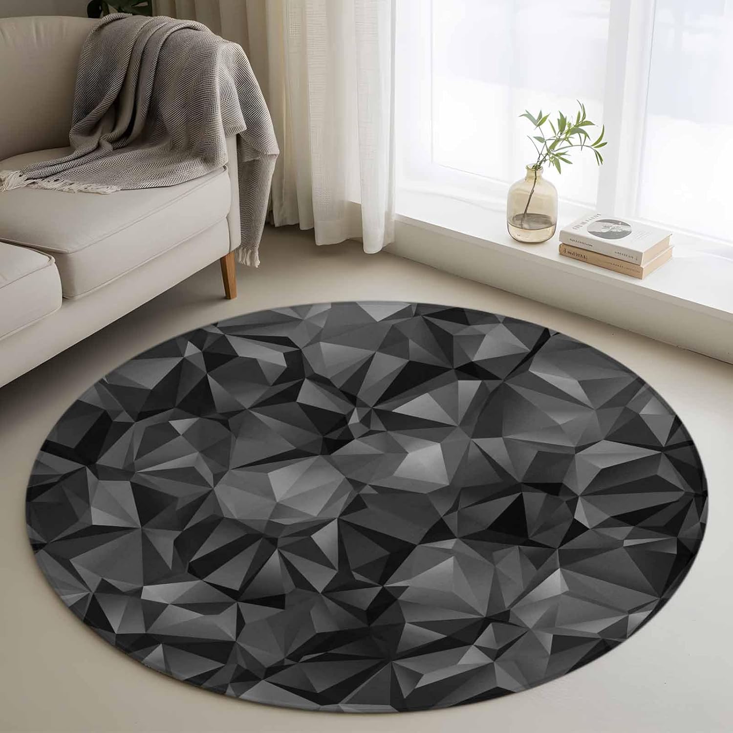 Round Rugs 4Ft, Black Geometric Washable Rug for Living Room Low Pile Indoor Floor Carpet, Contemporary Minimalism Abstract Pattern Non-Skid Bathroom Rug Kitchen Runner Rugs for Bedroom