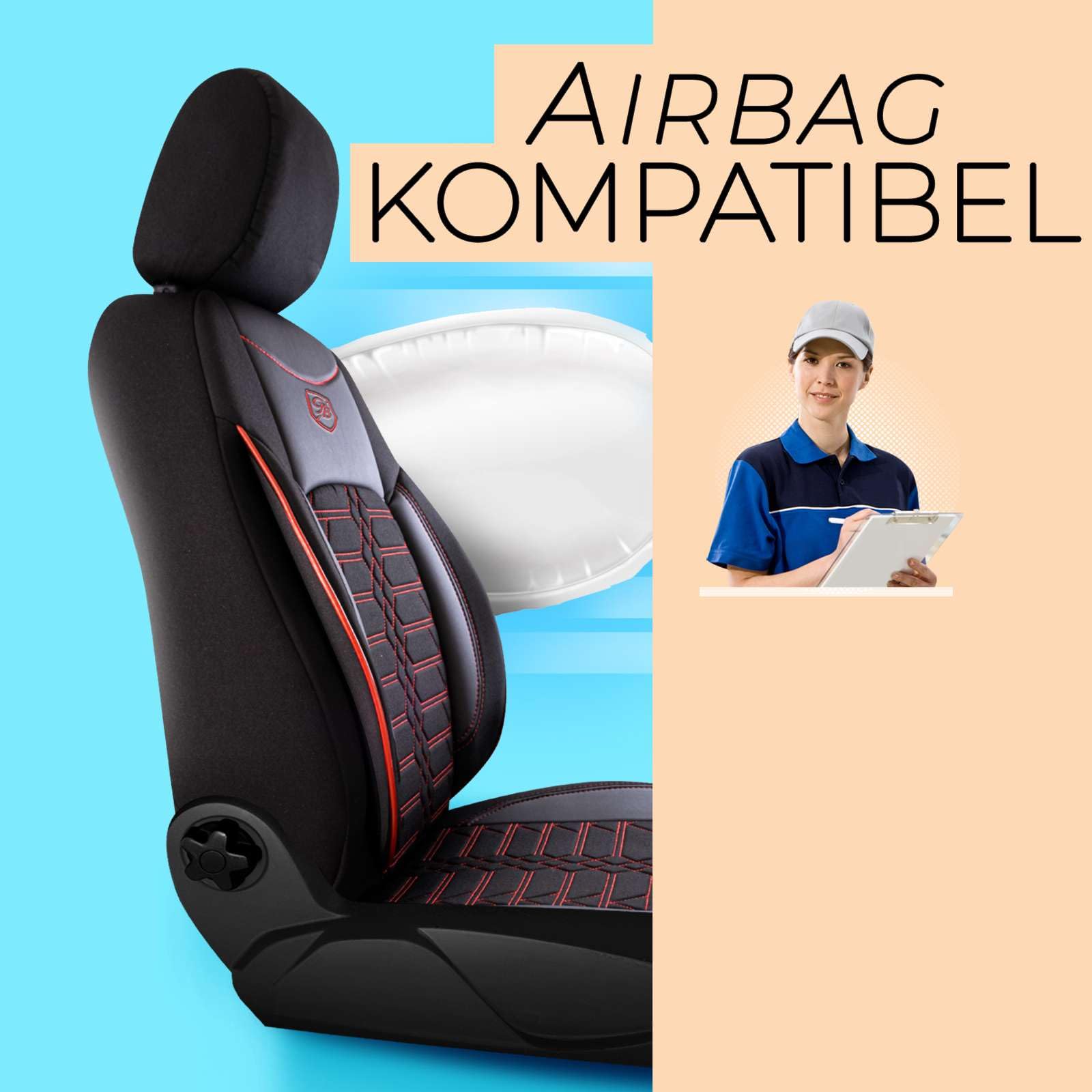 Autositzbezüge Universal – Premium Autozubehör Innenraum für PKW & SUV – Jacquard Sitzauflage, Autoschonbezug Auto, Airbag-kompatibel, Schwarz-Rot, Vordersitz-Set inkl. Montageset