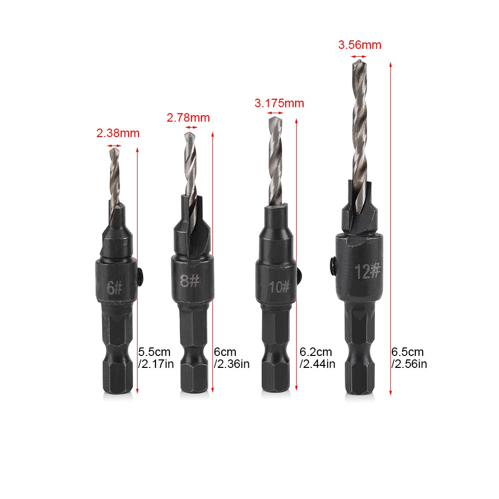 HSS Drill Bit #6, #8, #10, #12, 4pcs Fast Change Hex Shank, Countersink Woodworking Tool for Drilling Carbon Steel - Image 2