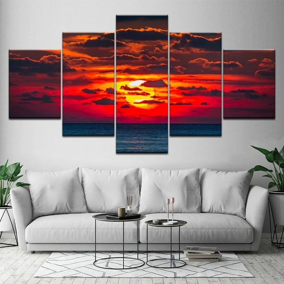 Toile Peinture Tableau avec Cadre Ocean Rouge Ciel Geant Deco 5 Parties