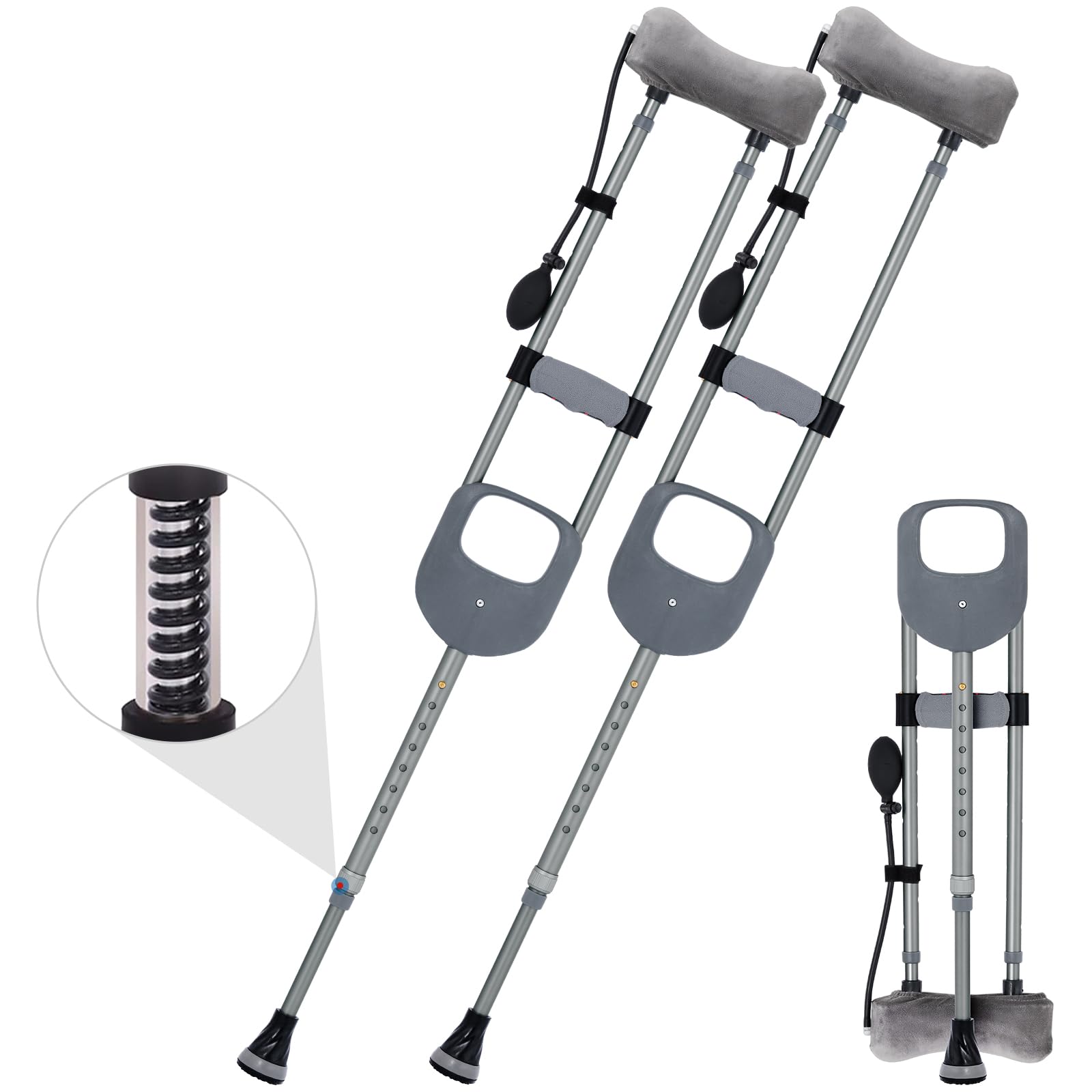 Shock-Absorbing Foldable Crutches, 13-Level Adjustable Height Fits for Individuals 5' to 6'1'', Crutches for Adults with Inflatable Comfort Pad, Supports 350 lbs(a Pair)
