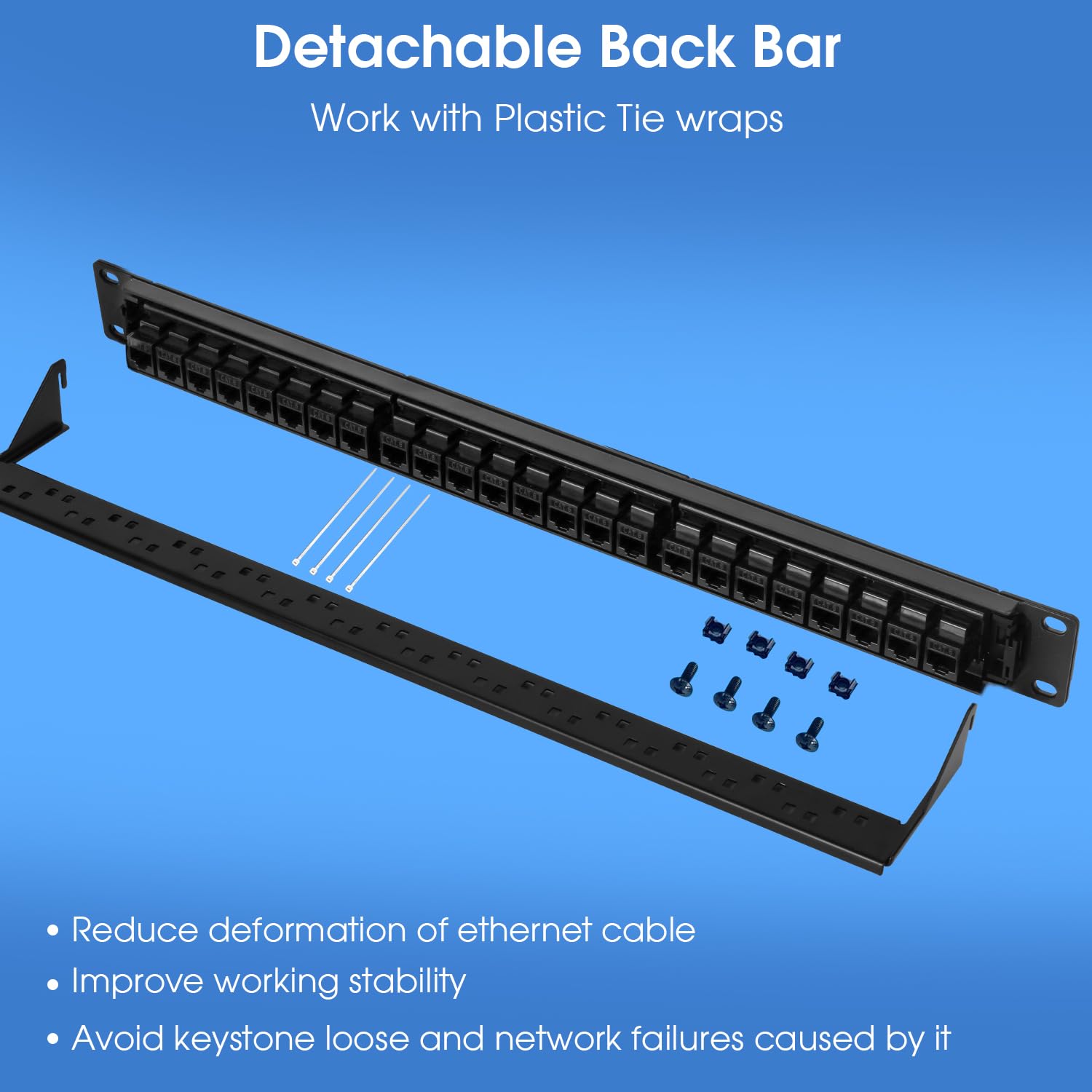 Panneau de brassage Keystone 24 ports, panneau de brassage réseau RJ45 1U 48,3 cm avec barre arrière, chargé avec 24 coupleurs Cat6 (noir)
