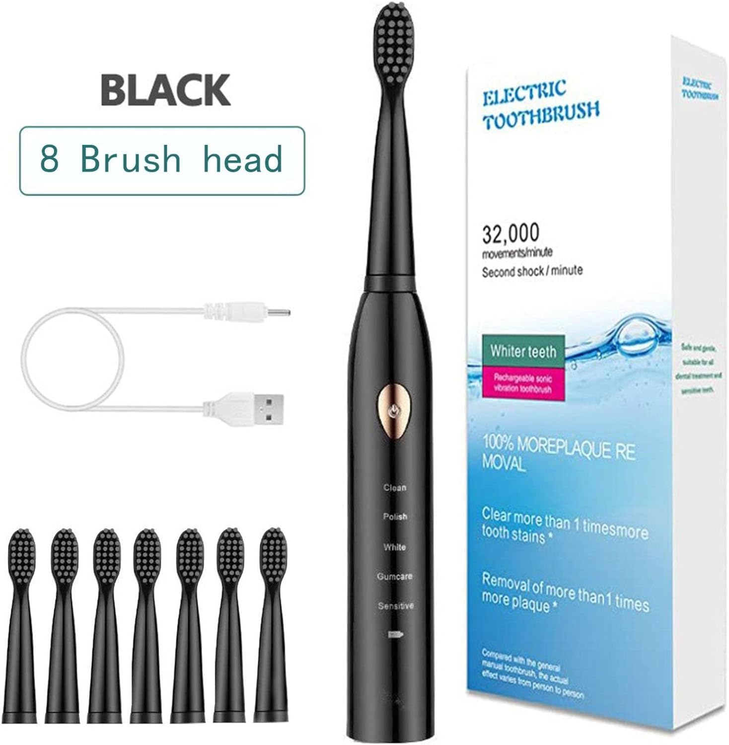 Spazzolino elettrico for adulti, con 7 testine di ricambio, setole morbide, 5 modalità, timer intelligente da 2 minuti, una carica for 15 giorni, spazzolino elettronico portatile, pulizia for cure odo