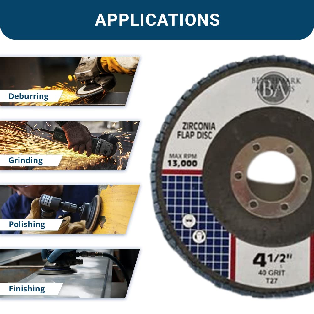 Benchmark Abrasives 4.5" x 7/8" Premium Zirconia T27 Flat Flap Discs 4 1/2 for Angle Grinder, Sanding Discs, Finishing Grinding Wheels 4 1/2 Inch for Sanding Stock Rust Removal (10 Pack) - 40 Grit