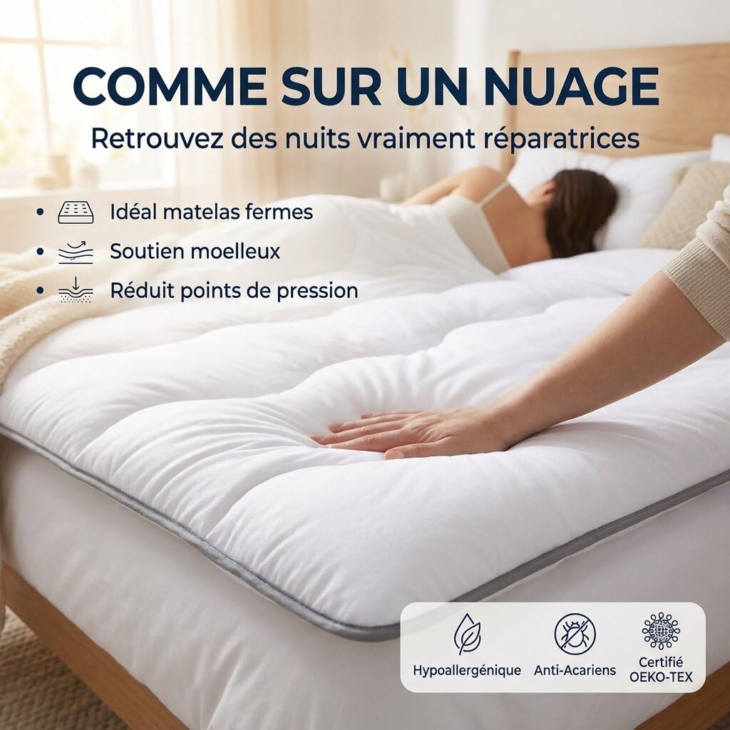 CASABEL Surmatelas Nuage 140 x 190 cm en Microfibre - Confort Optimal - Moelleux, Anti-acarien, Respirant- pour Matelas 2 Places Adulte et Enfant, Clic Clac, BZ