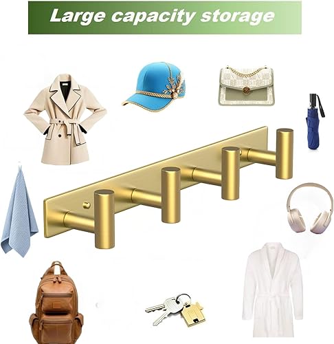 Miniatura 7 de Perchero montado en la pared, 4 ganchos, riel de gancho de acero inoxidable resistente para toallas, abrigos, sombreros, bolsos, chaquetas, ganchos