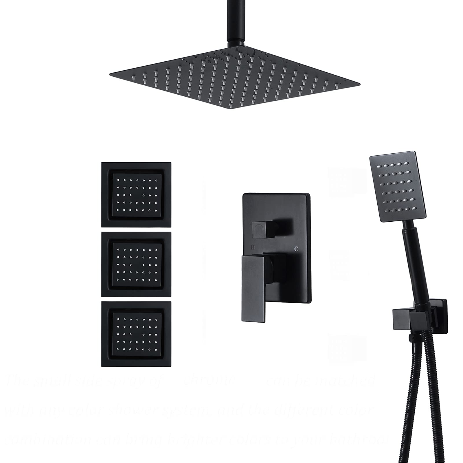 Pommeau de Douche Latéral à Jet Noir Laiton Accessoires de Robinetterie Spa de Massage Mur Monté Douche Réglable Pulvérisation Latérale, 120x130mm,2 pcs