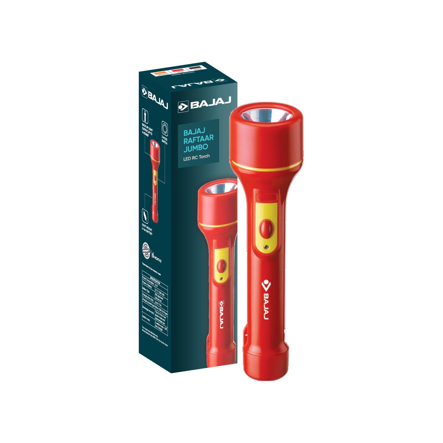 bajaj raftaar jumbo led rc torch | upto 4 hrs backup | 3 mode switch | 6 months - warranty (pack of 1, red)