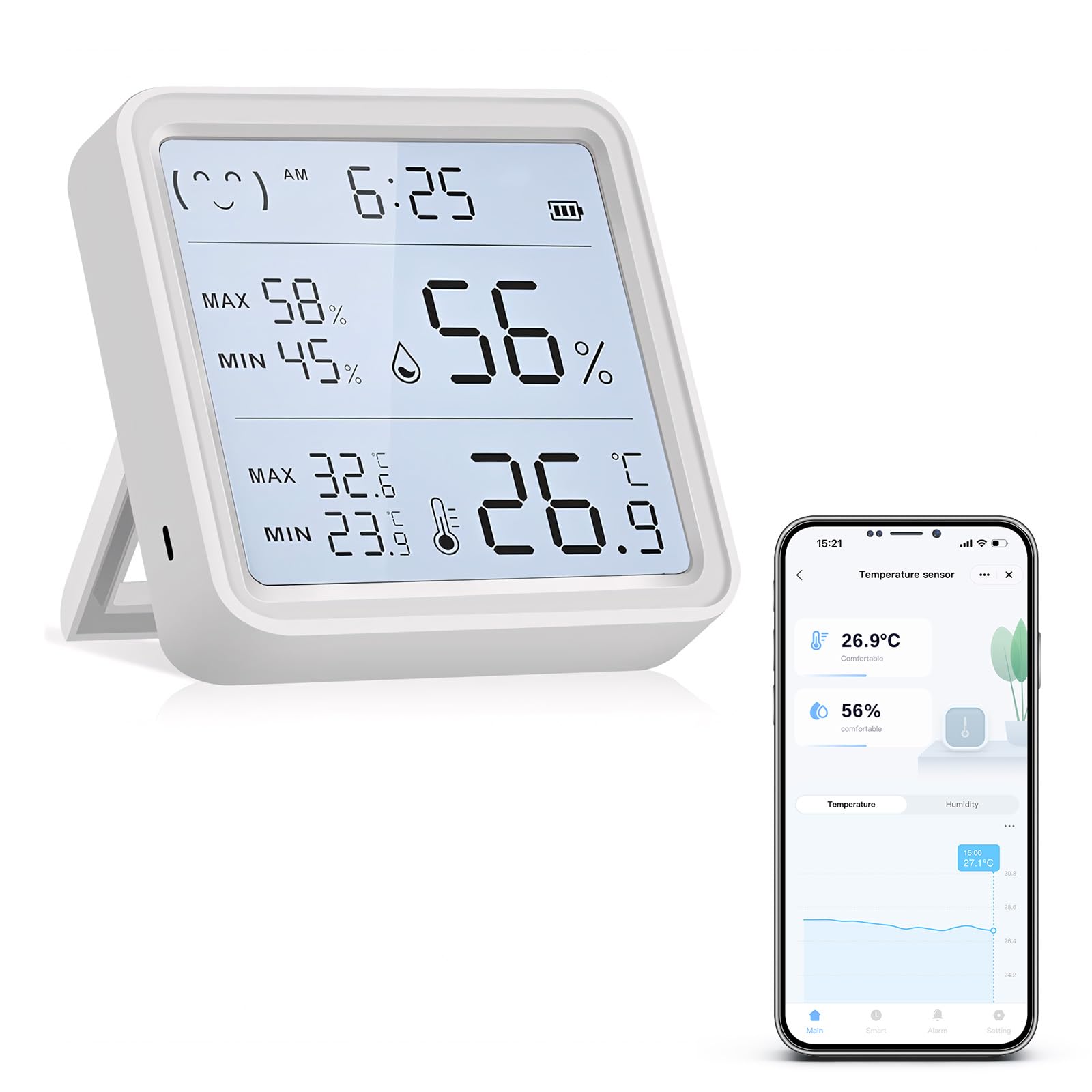 WiFi Thermometer Hygrometer Innen, Tuya Raumthermometer wlan Temperatursensor mit Smart App und Datenaufzeichnung, für Babyzimmer, Gewächshauszubehör, Garage（8CM*8CM）