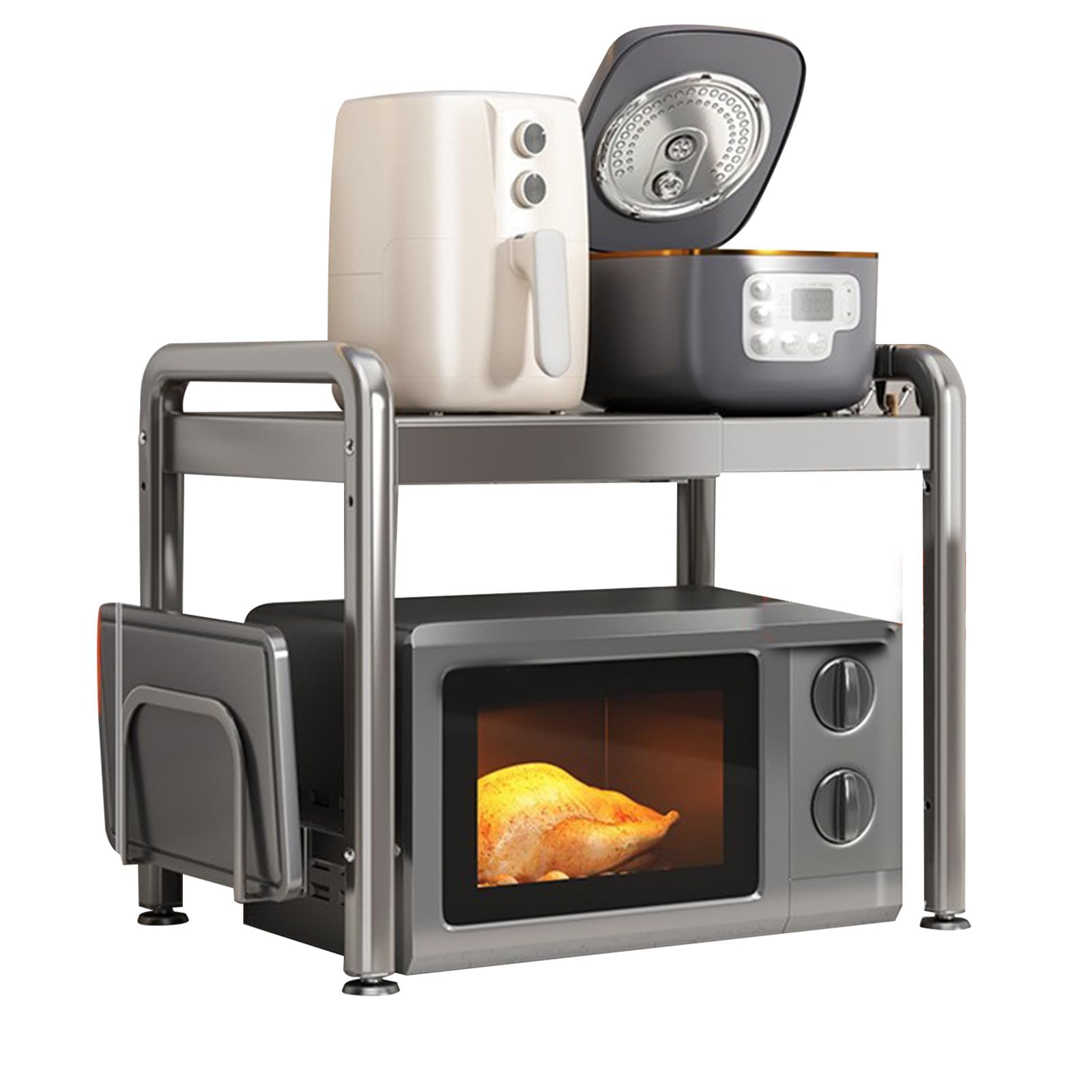 Mensola espandibile per microonde con 6 ganci, supporto estraibile per forno a microonde, 2 livelli, supporto per forno a microonde, scaffale con organizer per piani di lavoro della cucina
