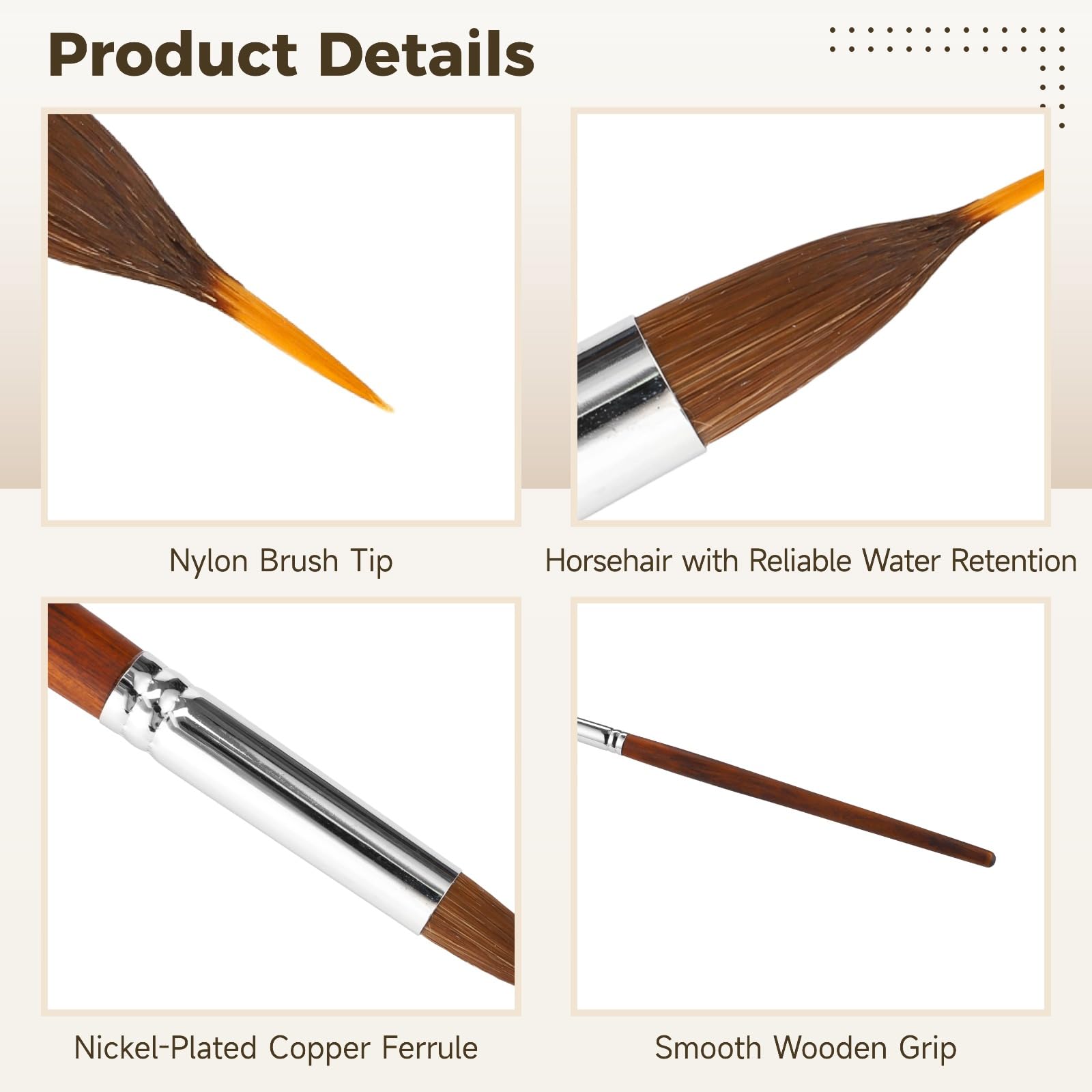 6 pinceles profesionales de acuarela con doble fibra, crin y punta de nailon, virola de cobre niquelado, mango de madera, para acuarela, gouache, acrílico