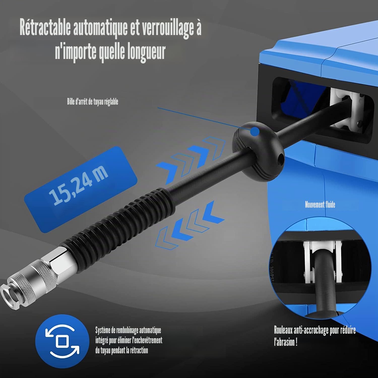 Automatique Enrouleur de Tuyau d'air Comprimé 15 m + 1.5m, Mural Dévidoir de Tuyau à Air, Enrouleur Pneumatique Automatique Pour Atelier Garage, Raccord 1/4" BSP, ø9.5mm, Flexible d'air Hybride