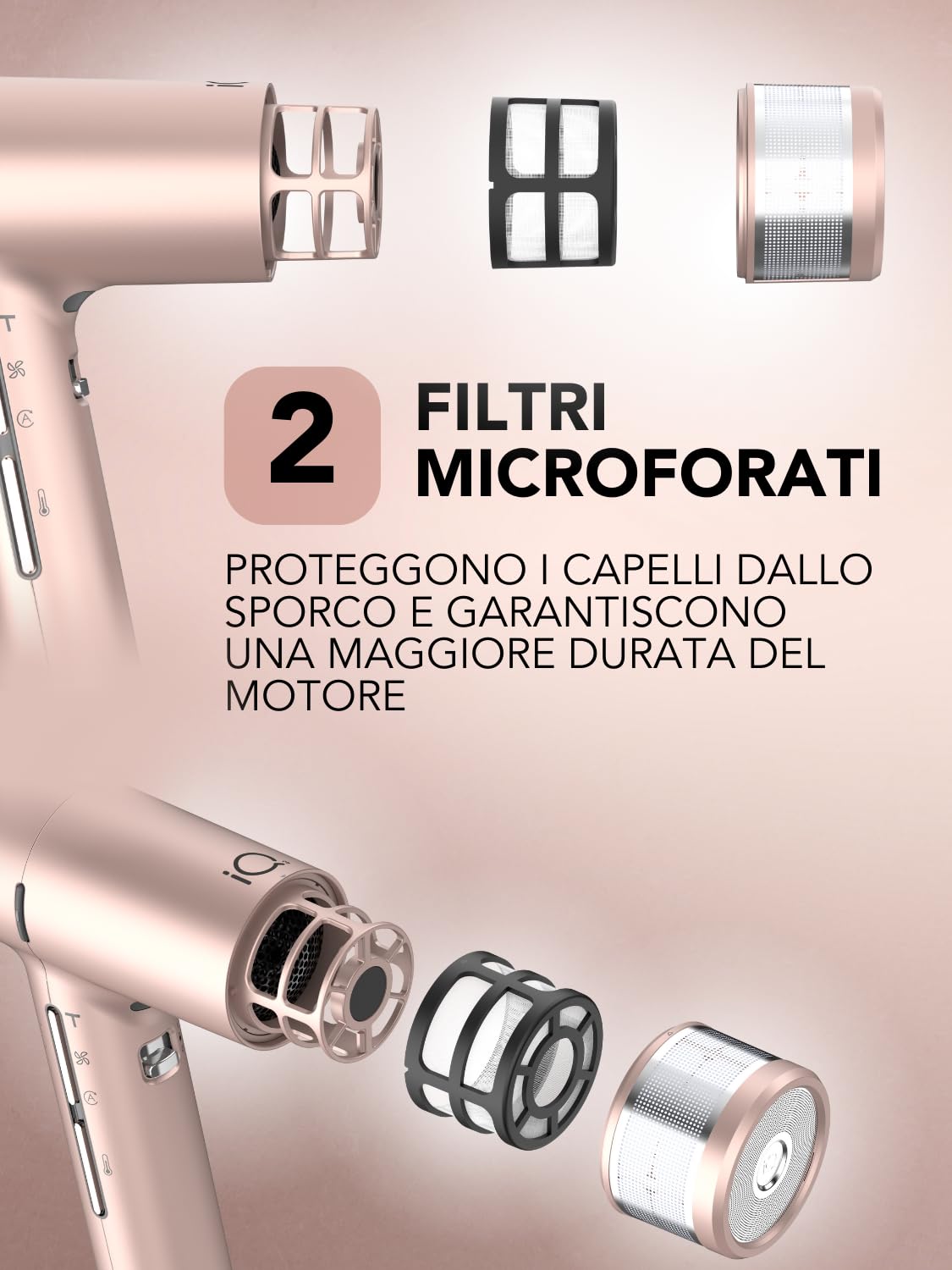 GA.MA Italy Professional, Asciugacapelli iQ3 Perfetto, Phon Ultraleggero con Motore Brushless da 110.000 giri/min, Tecnologia Stand-by e Funzione Turbo, 1600 W di Potenza, Gold Rose