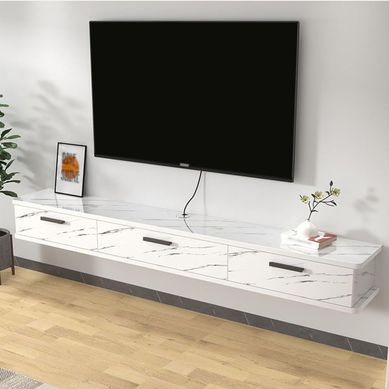 Soporte de Pared Flotante para TV - Consola de Almacenamiento Larga con Puerta abatible para Sala de Estar, Mueble para TV suspendido (Rayas Blancas, 120x22x20CM) - Elegante Ahorro de Espacio.