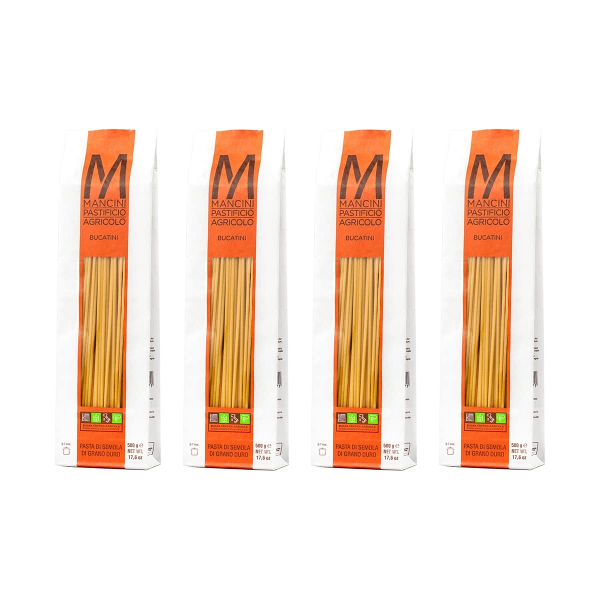 Mancini Pastificio Agricolo Bucatini Linea Classica – Pasta Artesanal de Sémola de Trigo Duro, Elaborada con Trigo de Las Marcas, Trefilada en Bronce, Secado Lento – 4 Paquetes de 500 g