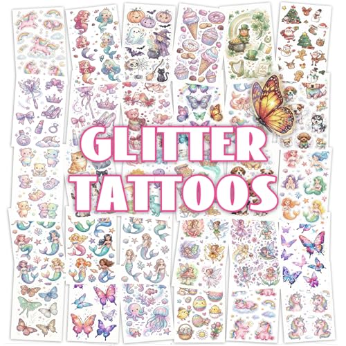 Keikihipa 30 Sheets Glitter Temporary Tattoo Kids Gift 300pcs+ Party Favors