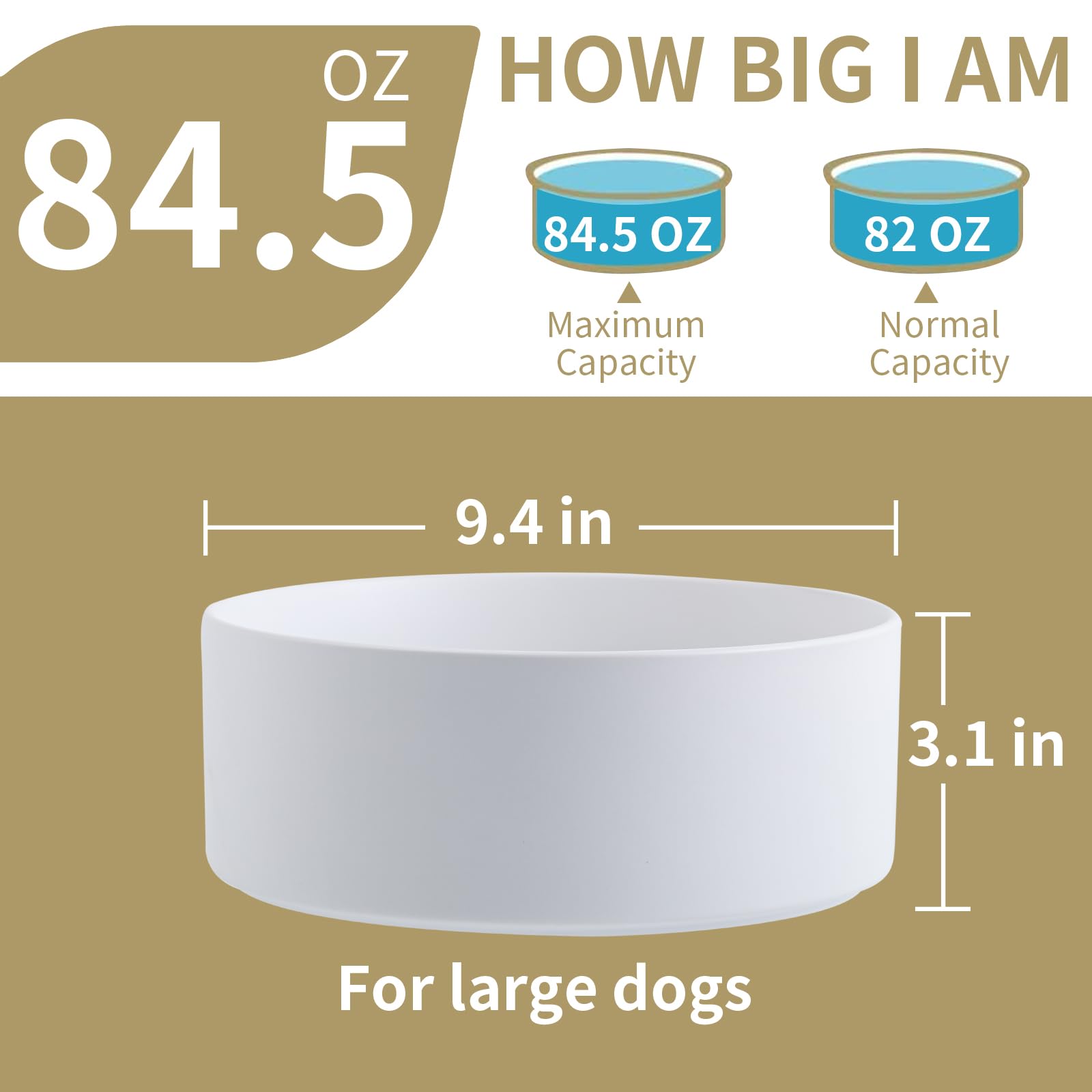 Cuenco blanco de cerámica para perros para razas medianas y grandes, plato de agua para comida para perros, pesado, porcelana antideslizante, extra grande, cuenco para mascotas de 9.4 pulgadas