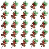 Qzakce Künstliche Kiefernzweige 25 Stück Tannenzweige mit Roten Beeren und Tannenzapfen Weihnachtsbeeren Tannenzweige für Weihnachtsblumen Kränze Urlaubsdekorationen DIY Handwerk