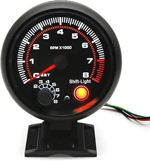 MH 3.75 Inch 95mm Tachometer Gauge 8000 RPM with Shift Light, 5-Level Backlight for 12V Car Engines